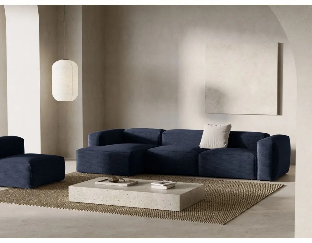 Тъмносин ъглов диван от рипсено кадифе (ляв ъгъл) Bergamo – Cosmopolitan Design