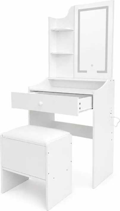 Тоалетка с LED огледало – табуретка, чекмедже, 2 рафта