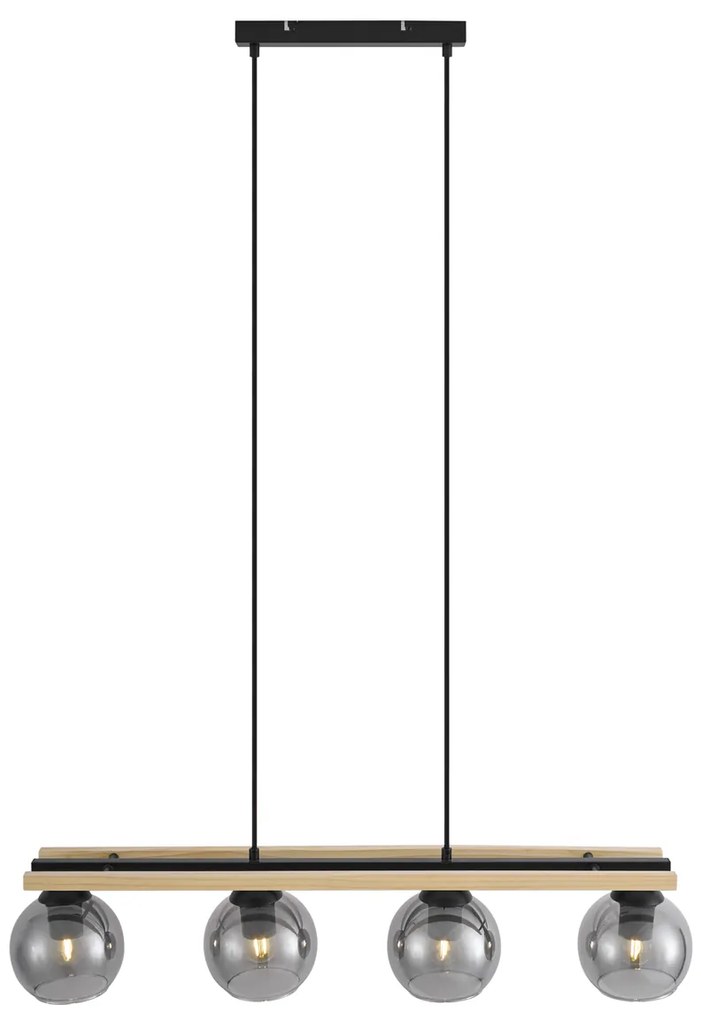 Модерен висящ лампион черен с дърво и димно стъкло 4 светлини - Aleks