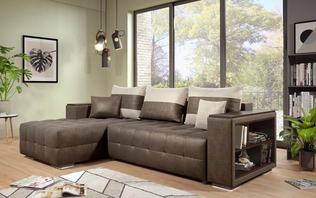 Разтегателен ъглов диван с подлакътник етажерка Мелвин S