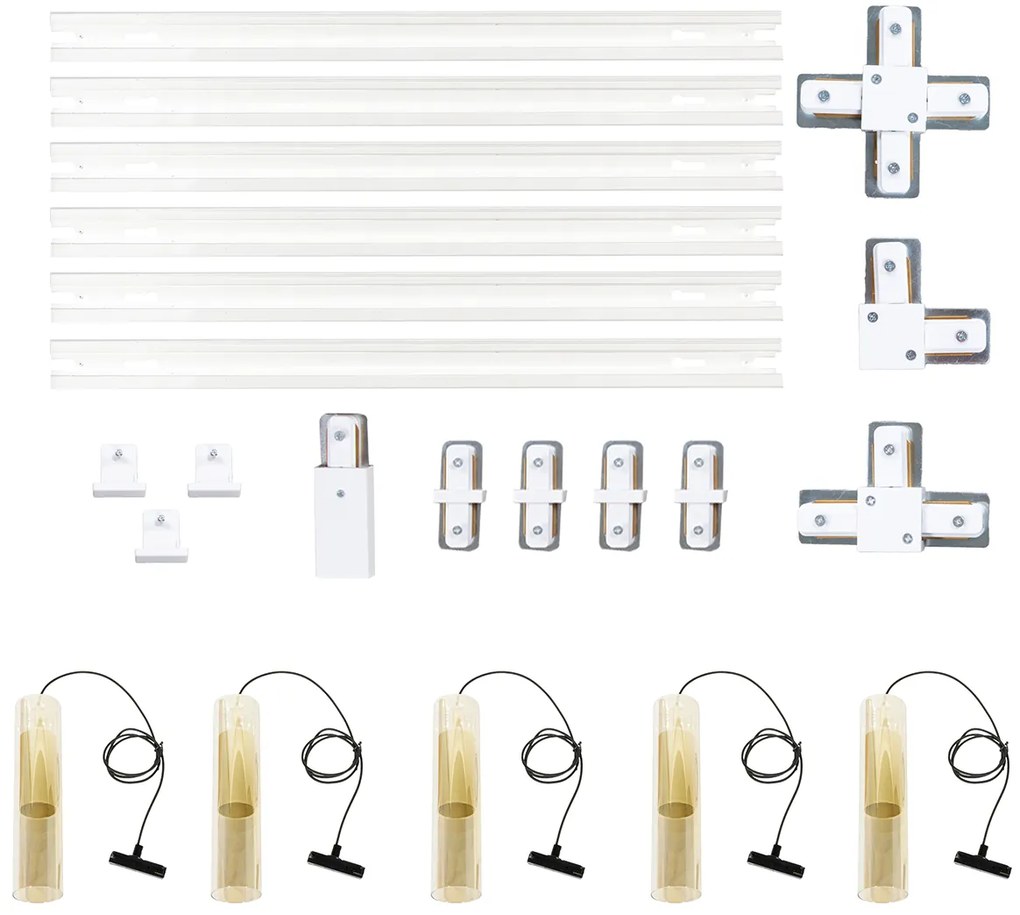 Модерна релсова система с 5 златни висящи лампи 1-фазов - Iconic Lloyd