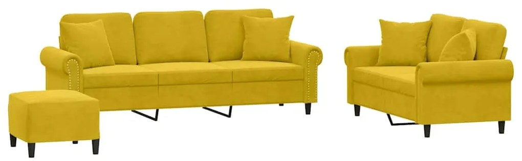 3202286 vidaXL Комплект дивани от 3 части с възглавници, жълт, кадифе