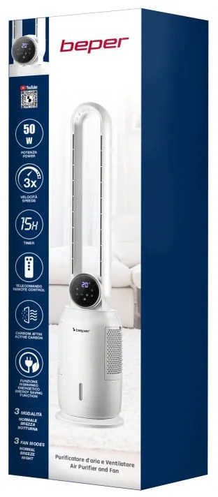 Въздушен охладител кула Beper P206RAF300, 65W, 3 скорости, 2 л, Йонизация, LED, Сензорен дисплей, Бял