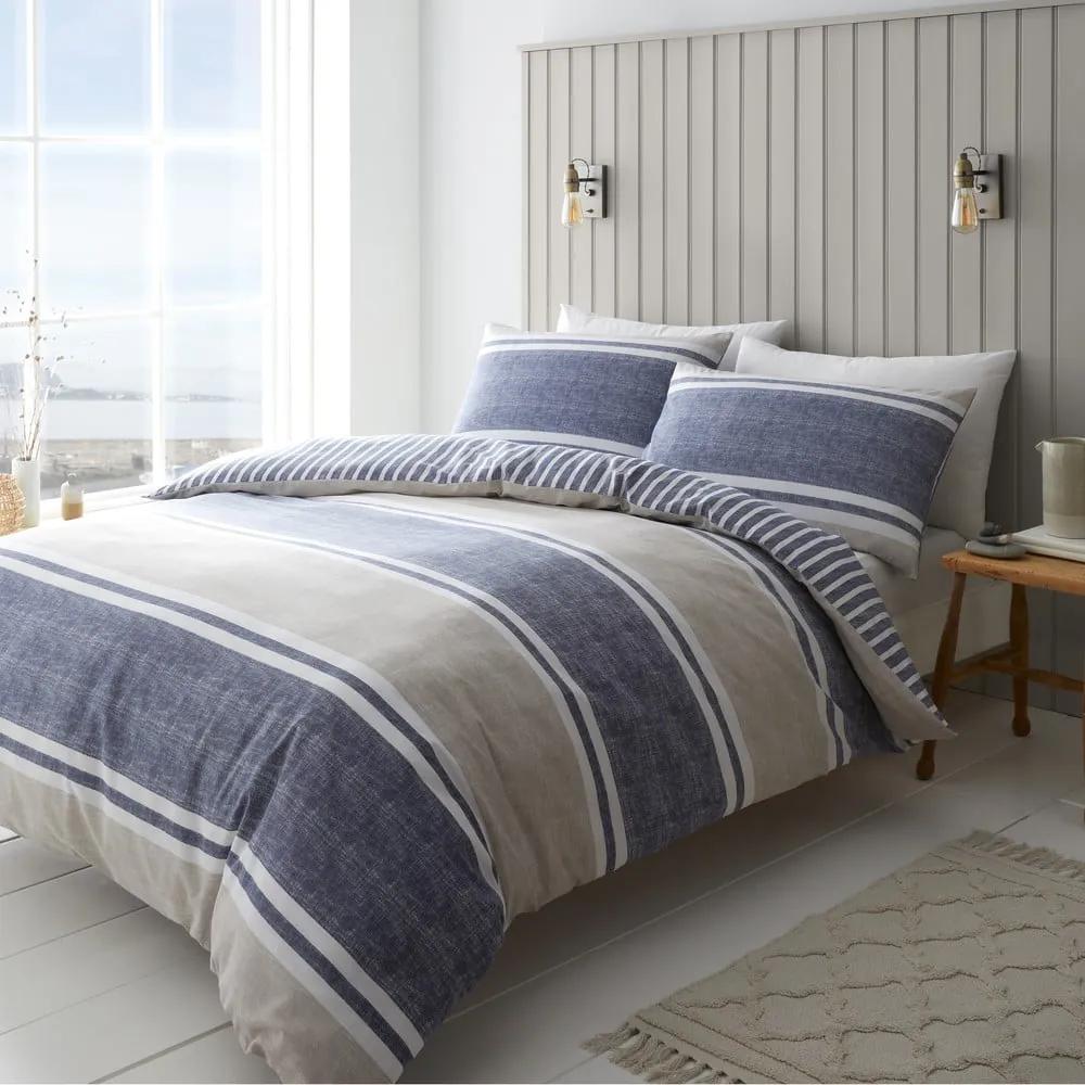 Синьо-бежово спално бельо за двойно легло 200x200 cm Banded Stripe - Catherine Lansfield
