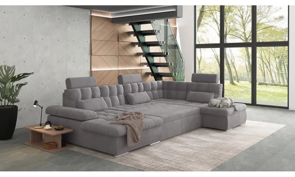 Сив разтегателен ъглов диван с място за съхранение (десен ъгъл/U форма) Merkur – Ropez