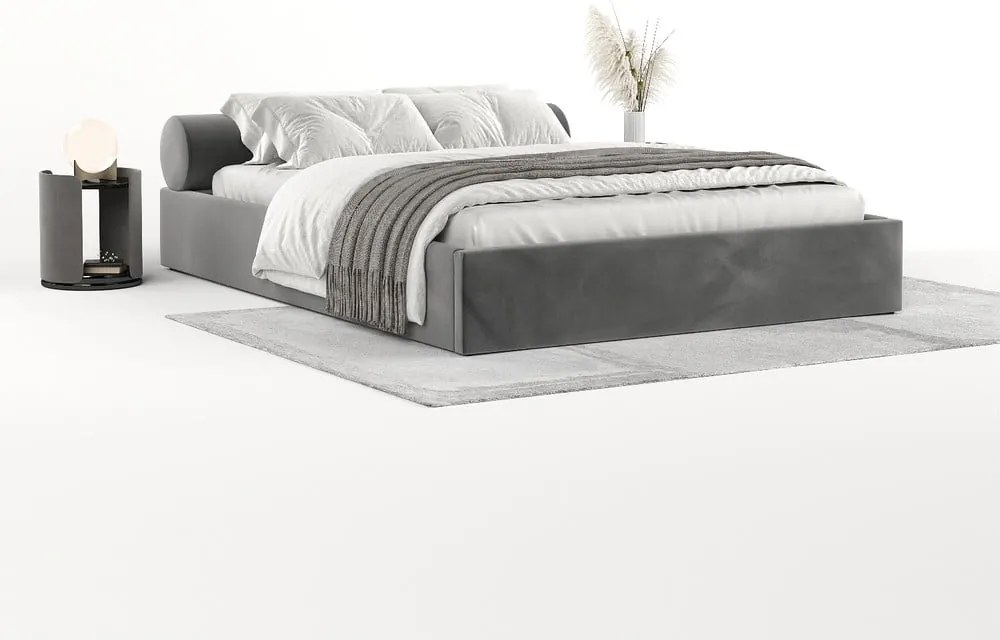 Тъмносиво двойно легло 200x200 cm тапицирано с място за съхранение с включена подматрачна рамка Solvo – Maison de Rêve