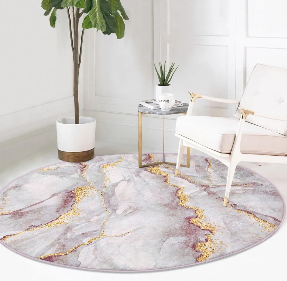 Светлорозов/в златист цвят кръгъл килим подходящ за пране ø 100 cm Marble – Mila Home