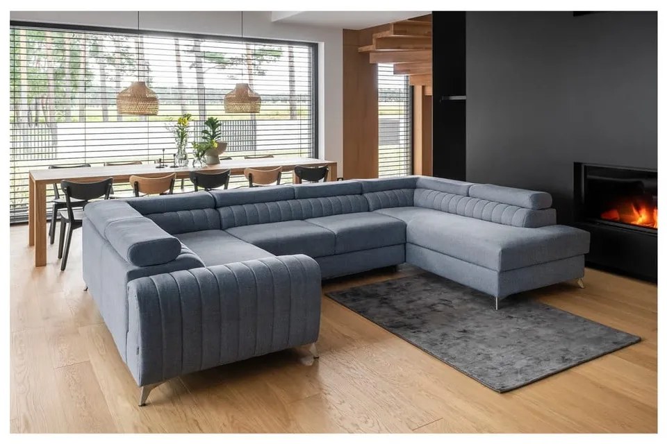 Син разтегателен ъглов диван с място за съхранение (десен ъгъл U форма) Louis – ELTAP