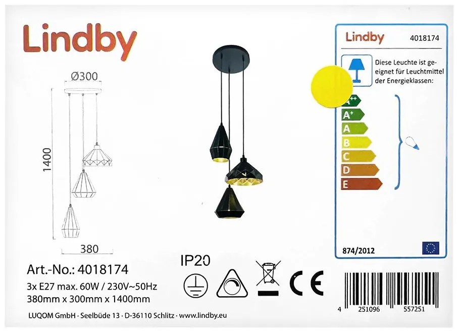 Lindby - Пендел 3xE27/60W/230V