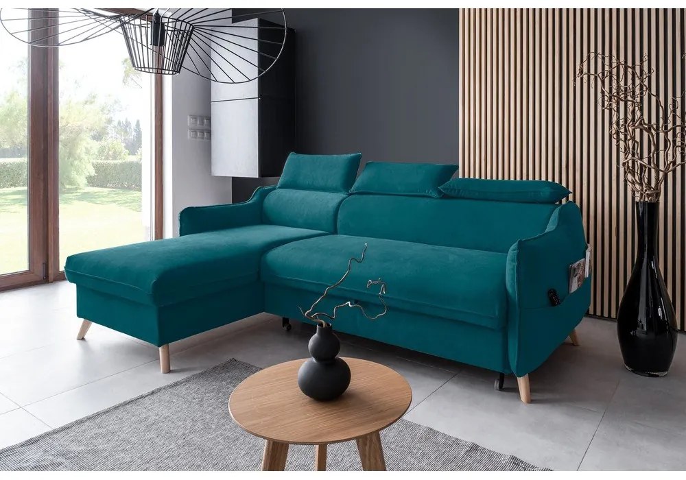 Ъглов разтегателен диван от тюркоазено кадифе (ляв ъгъл) Sweet Harmony - Miuform