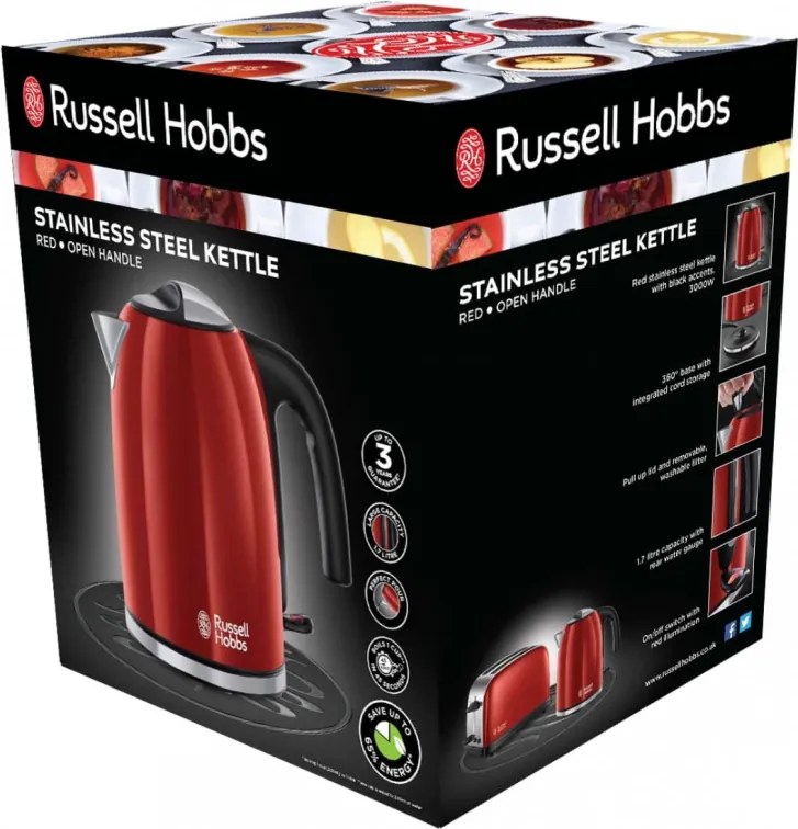Електрическа кана Russell Hobbs Colours Plus Flame Red 20412-70, 2400W, 1.7 л, Бързо завиране, Скрит нагревател, 360° основа, Индикатор, Червен