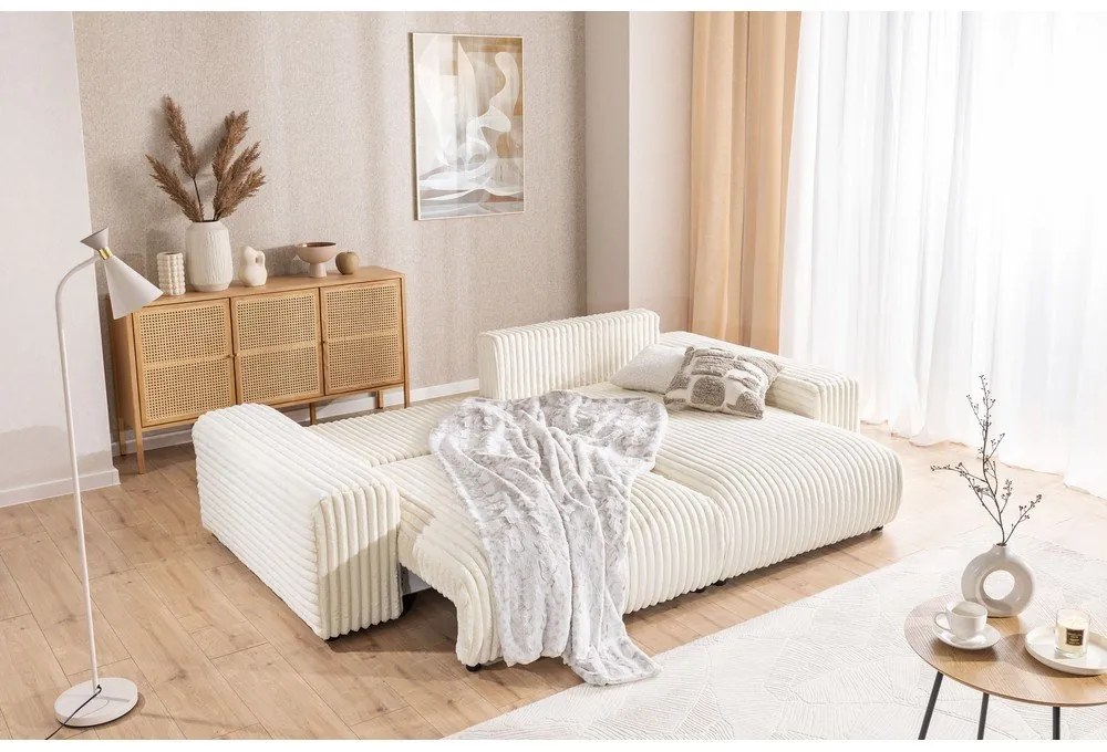 Кремав разтегателен ъглов диван от рипсено кадифе с място за съхранение (десен ъгъл) Sarina – Ropez