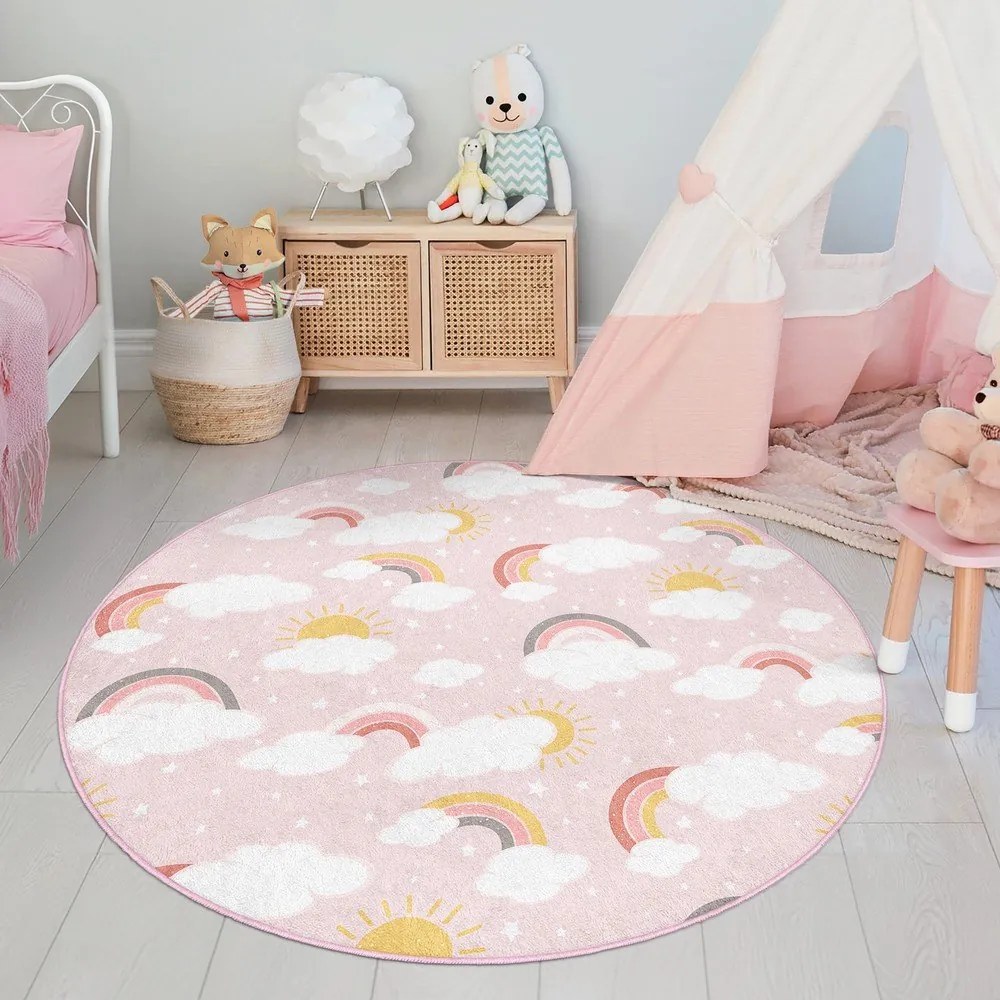 Розов детски килим подходящ за пране ø150 cm Rainbow World – Mila Home