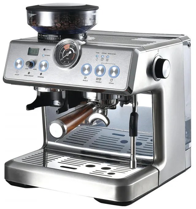 Еспресо машина Finlux FEM-1965M, 2450W, Италианска ULKA помпа 20 bar, 2.2 л, 250 гр, Вградена мелачка с 15 настройки, Инокс