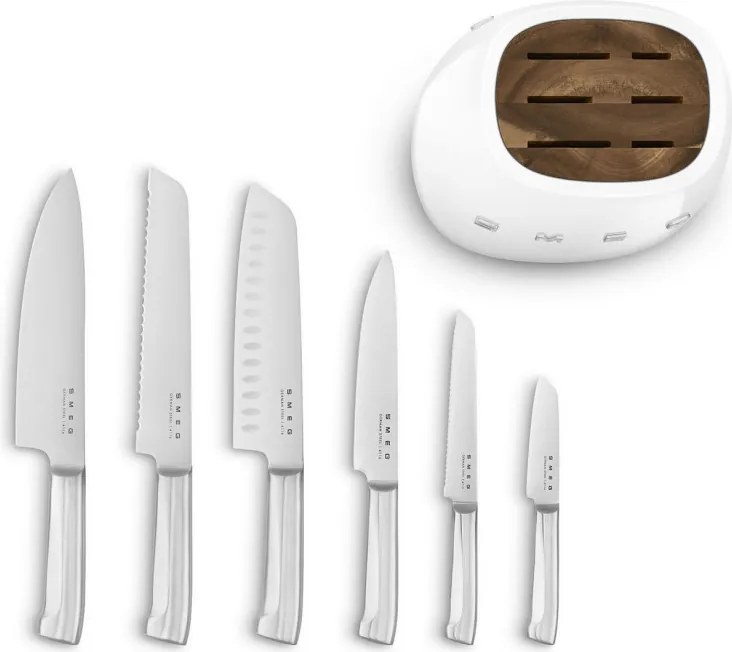 Комплект ножове със стойка SMEG KBSF02WH, 7 части, Слотове от акациево дърво, Немска неръждаема стомана, Бял