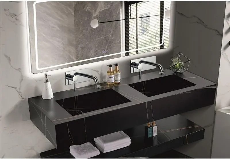 Мивка за баня PIETRA ICL 12049/140B / БЕЗ ОТВОР, двойна, стенен монтаж, кварц, черен мат, 140x50x18см
