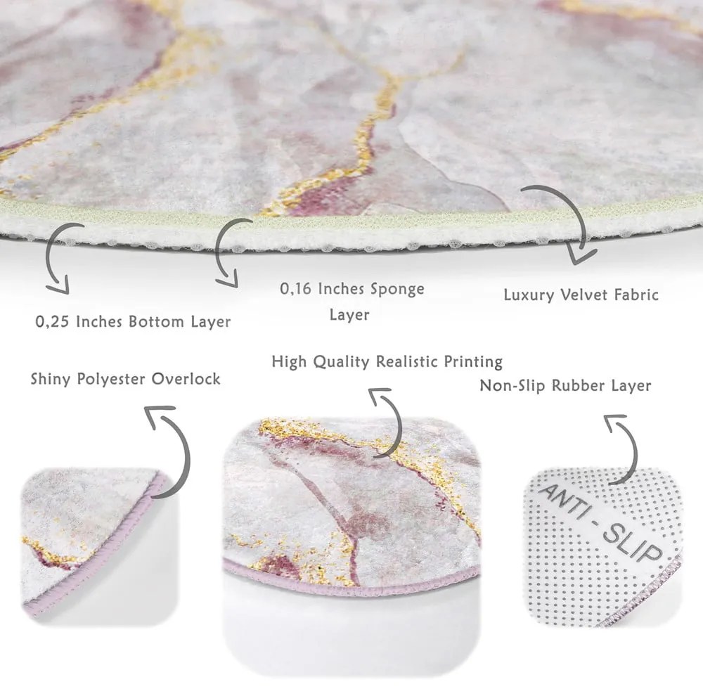 Светлорозов/в златист цвят кръгъл килим подходящ за пране ø 100 cm Marble – Mila Home