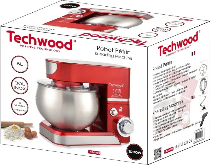 Планетарен миксер Techwood TRO-1065, 1000W, 5 литра, 6 скорости, Пулс, Защита от претоварване, Червен/Инокс