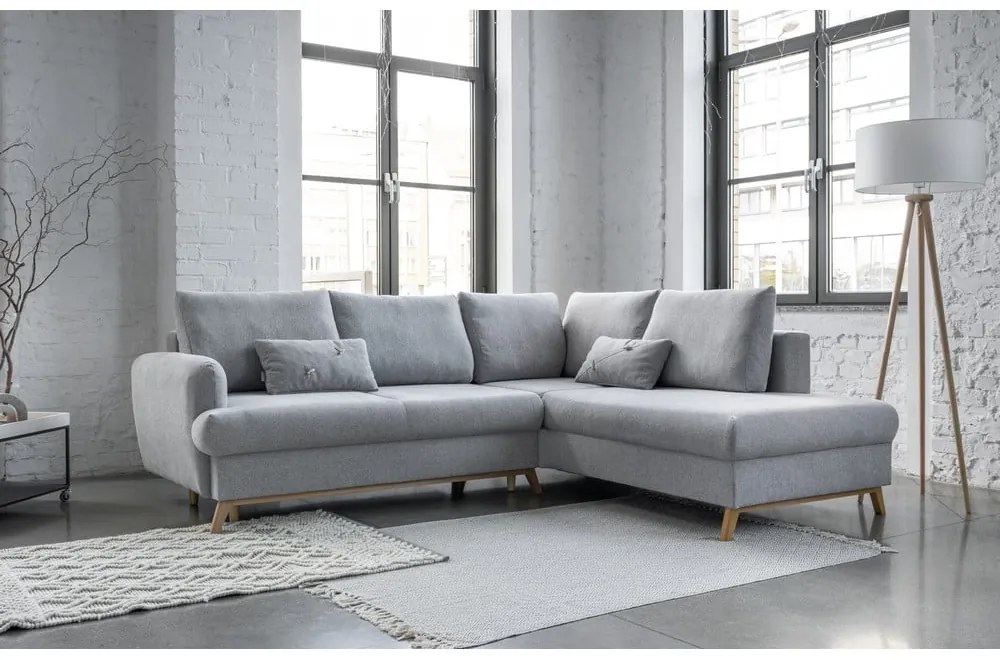 Светлосив разтегателен/с място за съхранение ъглов диван (десен ъгъл/L форма) Scandic Lagom – Miuform