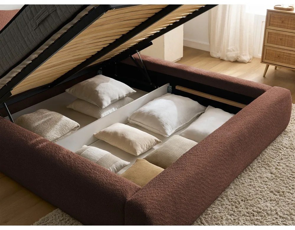 Оранжево тапицирано двойно легло с място за съхранение с включена подматрачна рамка 180x200 cm Orlane – Bobochic Paris