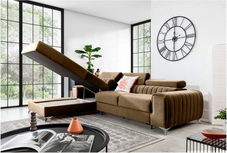 Светлокафяв кадифен разтегателен ъглов диван с място за съхранение (ляв ъгъл) Grayson – ELTAP