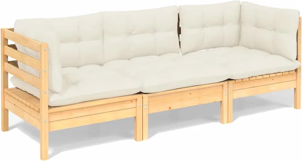 3096100 vidaXL 3-местен градински диван с кремави възглавници, бор масив