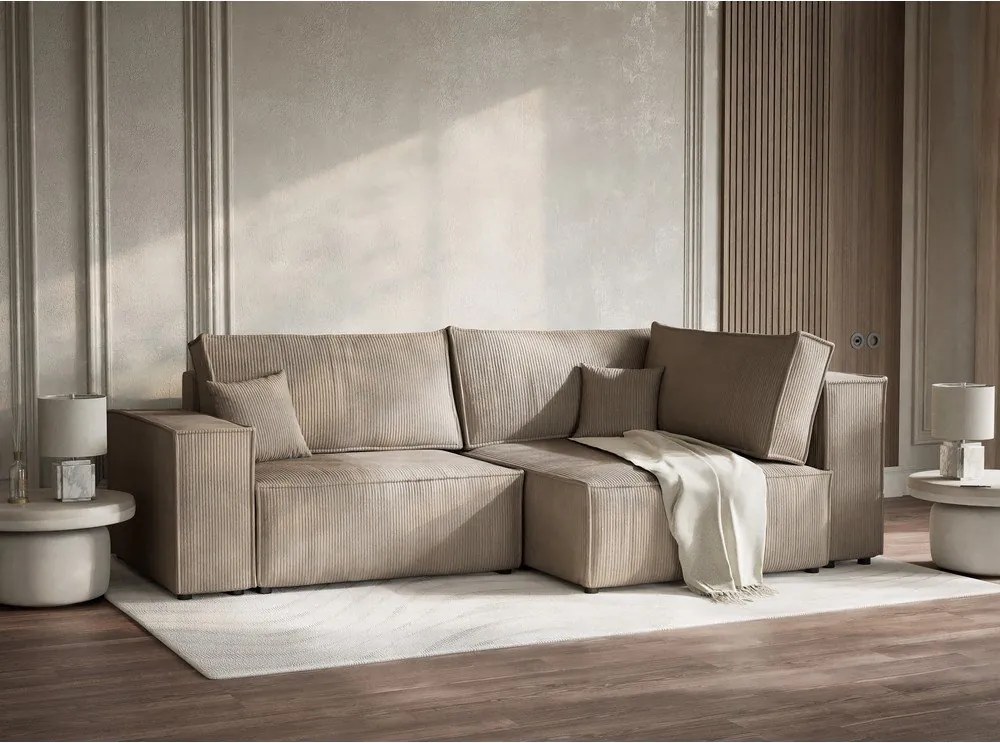 Бежов сгъваем/с място за съхранение ъглов диван от рипсено кадифе (десен ъгъл/L форма) Tonga – Maison de Rêve