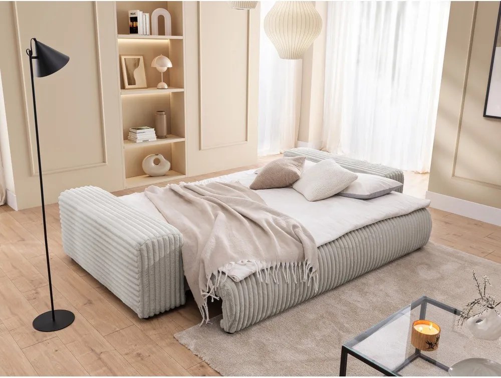 Светлосив разтегателен диван с място за съхранение от рипсено кадифе 260 cm Justin – Ropez