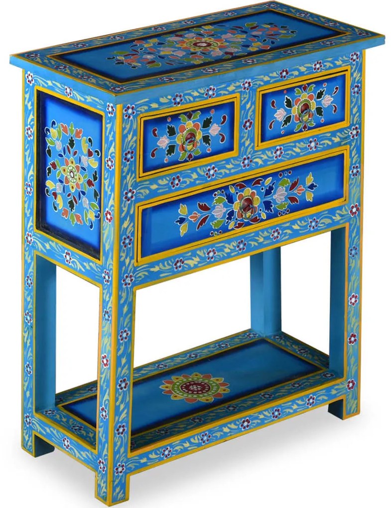 244840 vidaXL Бюфет с чекмеджета, мангово дърво масив, тюркоаз, ръчно рисуван