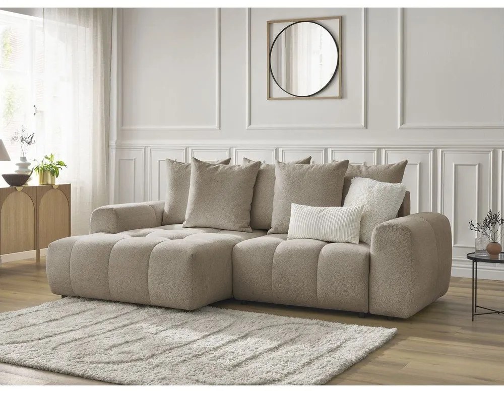 Бежов шенилов разтегателен ъглов диван с място за съхранение (ляв ъгъл) Roxelane – Bobochic Paris