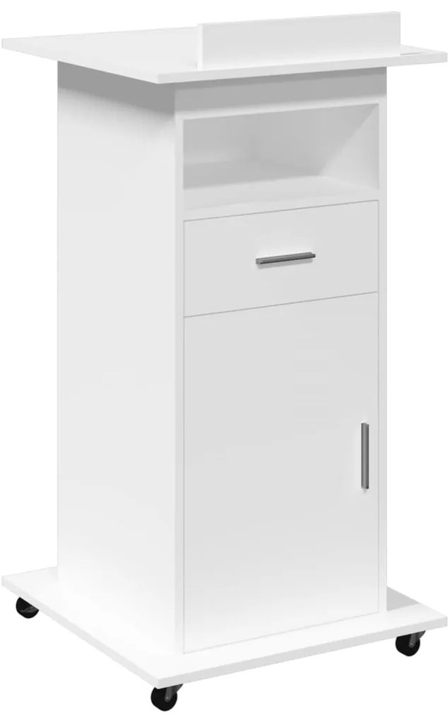 848024 vidaXL Катедра с колелца и чекмедже бял 55x55x107 см инженерно дърво