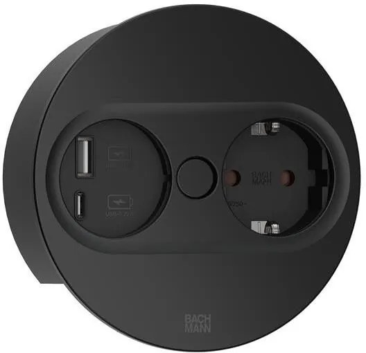BACHMANN Модул TWIST 2 КРЪГЪЛ с 1х Шуко и USB тип A+C, с кабел 2м, цвят Черен,  - B946.104