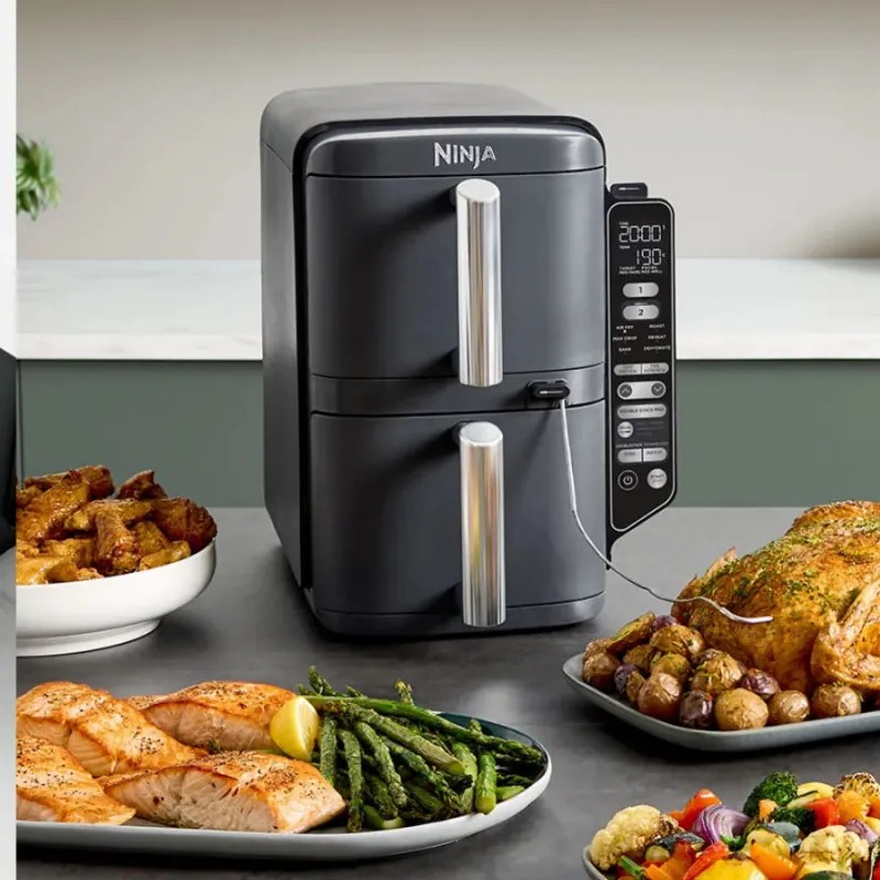 Двоен фритюрник с горещ въздух Ninja SL451EU, 2470W, 9.5 л, Цифров термометър, 2 кошници, 6 програми, Max Crisp, Sync & Match, Сив