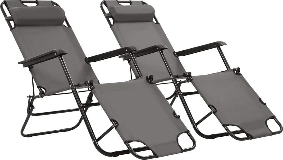 44345 vidaXL Сгъваеми шезлонги с подложки за крака, 2 бр, стомана, сиви