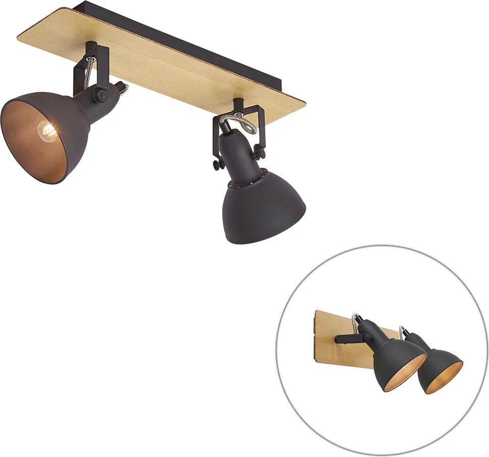 Плафон черен с дърво 2 лампи въртящи се и накланящи се - Jakub