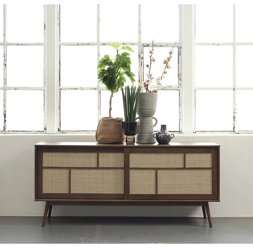 Тъмнокафяв нисък скрин от декор от дъб с плъзгащи се врати 180x80 cm Barrali – Unique Furniture