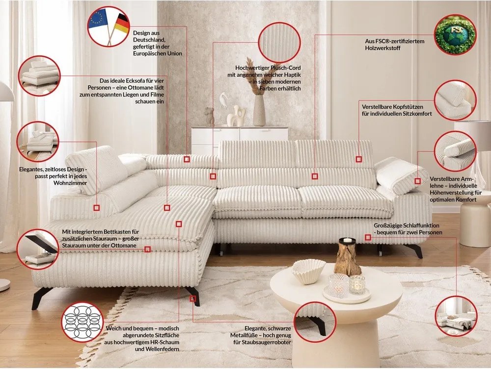 Кремав ъглов диван от рипсено кадифе (ляв ъгъл L форма) Marbeya – Ropez