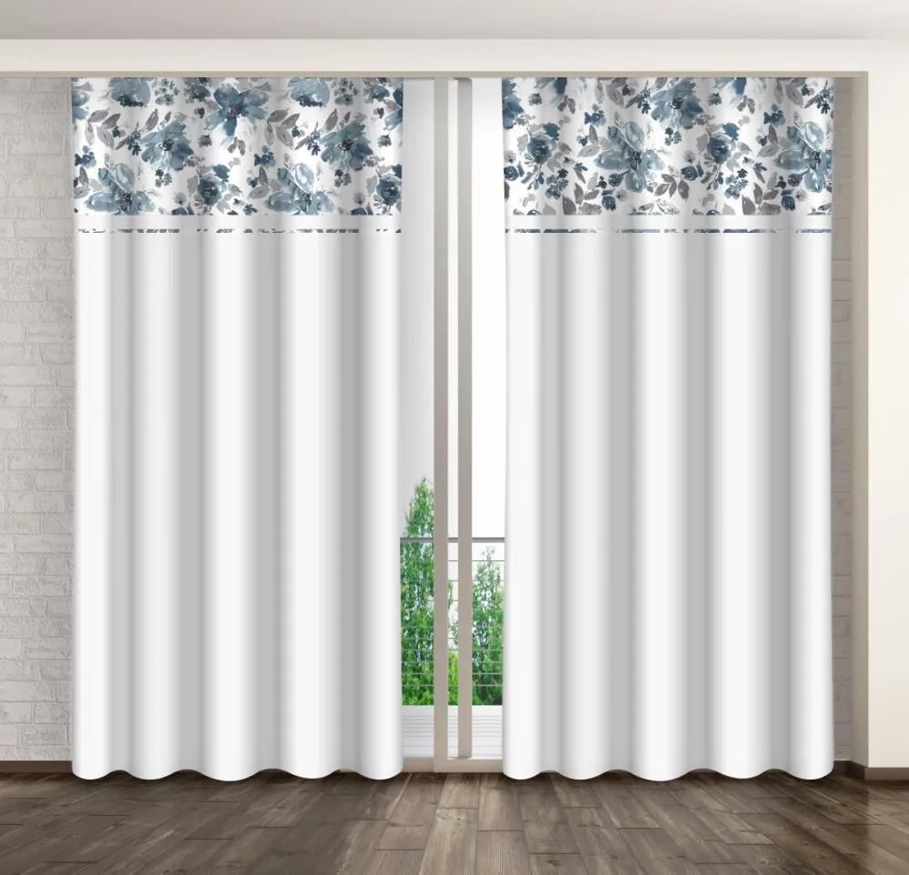 Бяла декоративна завеса с принт на семпли сини цветя Ширина: 160 см | Дължина: 250 см