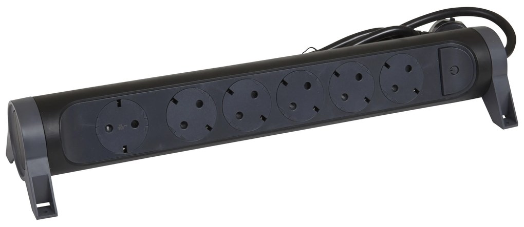 Legrand 694540  Разклонител PRE, шуко, 6X2P+E, въртящ се, 3м. кабел, черно/сиво - 694540