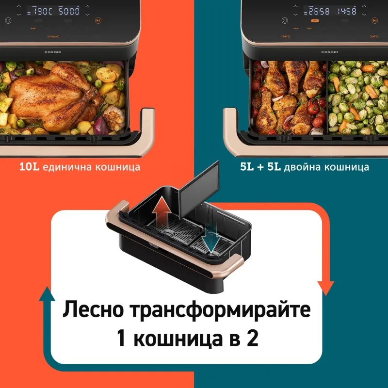 Двоен фритюрник с горещ въздух Cosori Dual Blaze TwinFry CAF-TF101S, 10 л, 6 програми, 35-240 C, Таймер, ThermoIQ, Синхронизирано готвене и приключване, Черен