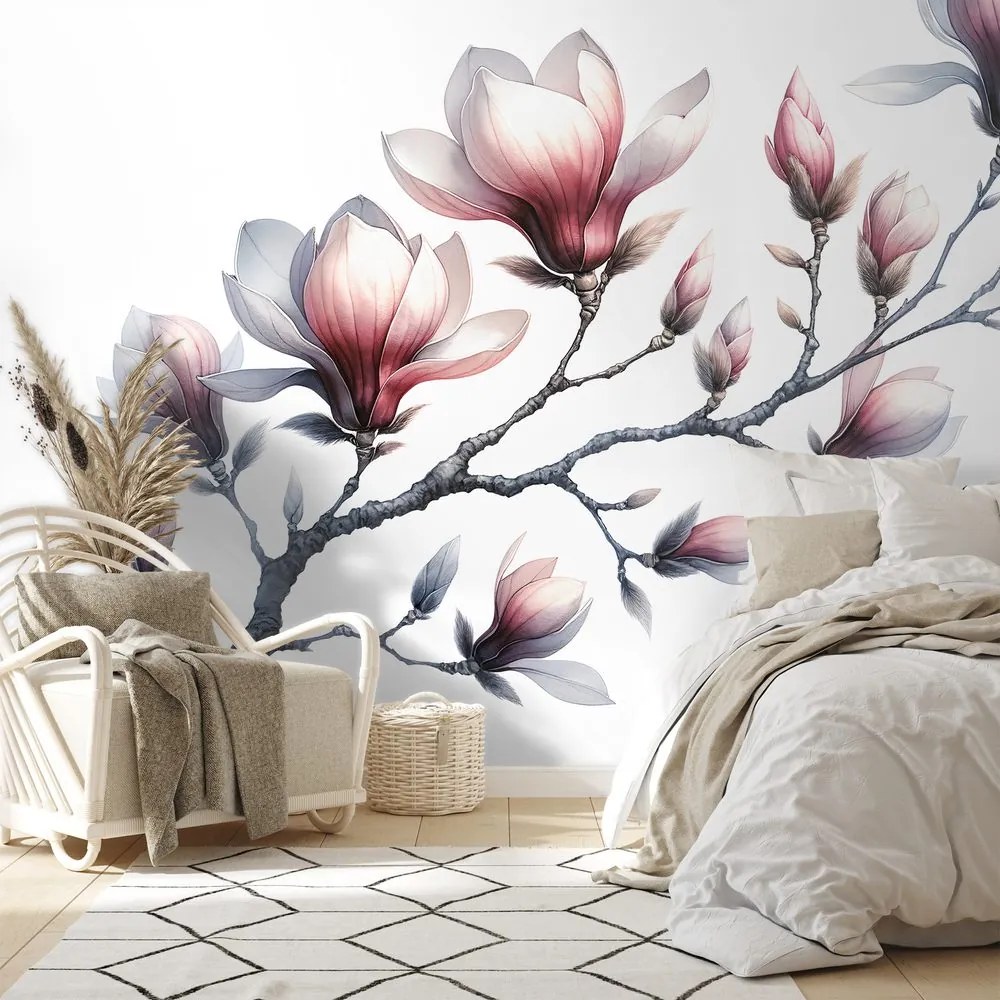 Фототапет – Нежни магнолии на бял фон