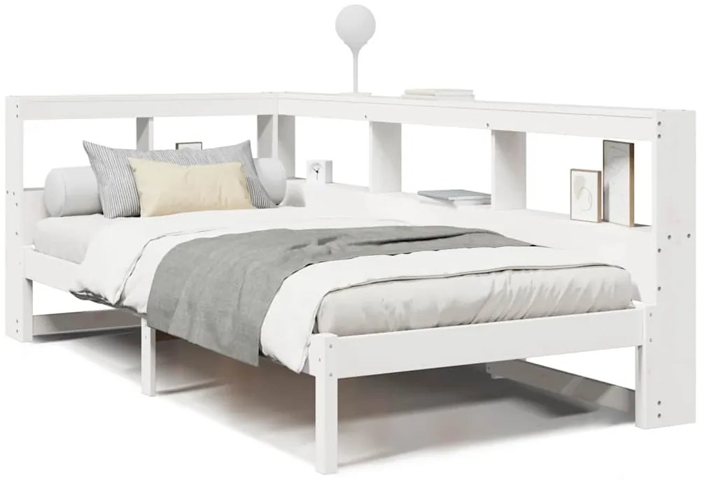 3324342 vidaXL Легло с рафтове за книги, без матрак, бял, 75x190 см, бор масив