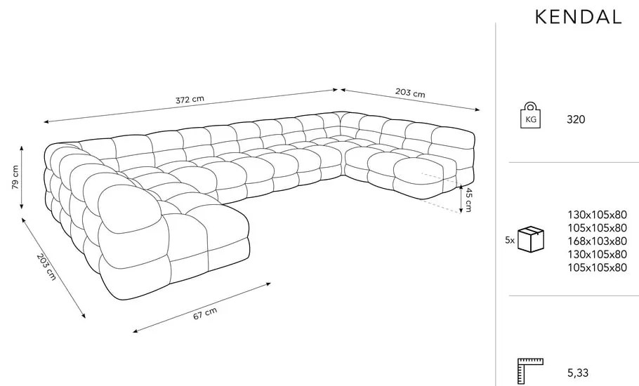 Ъглов диван от светлосиво кадифе (U-образен) Kendal - Micadoni Home