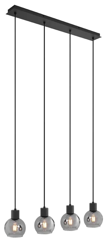 Арт Деко висяща лампа черна с опушено стъкло овална 4-светлина - Vidro