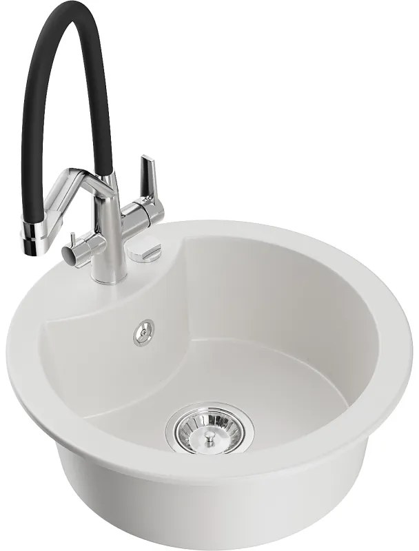 Mexen Diego гранитна кухненска мивка с 1 камера и кухненски смесител Duo, бял