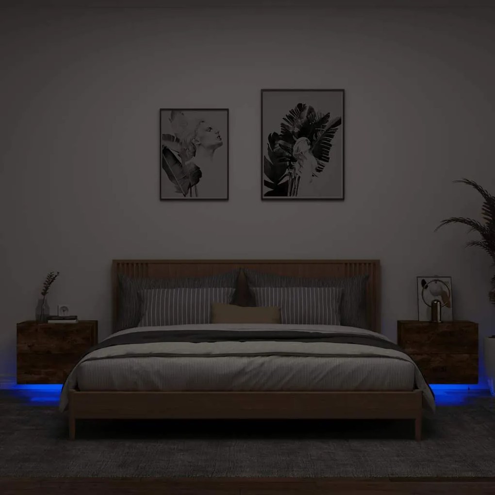 836821 vidaXL Нощни шкафчета за стена с LED осветление, 2 бр, опушен дъб