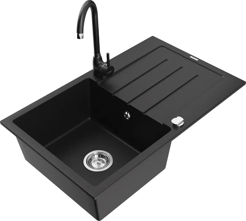 Mexen Bruno гранитна мивка с 1 корито, със сушилня и кухненски смесител Telma, черен - 6513-77-670200-70