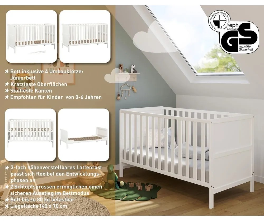 Бяло детско креватче 70x140 cm от масивна дървесина Alkmaar – Germania