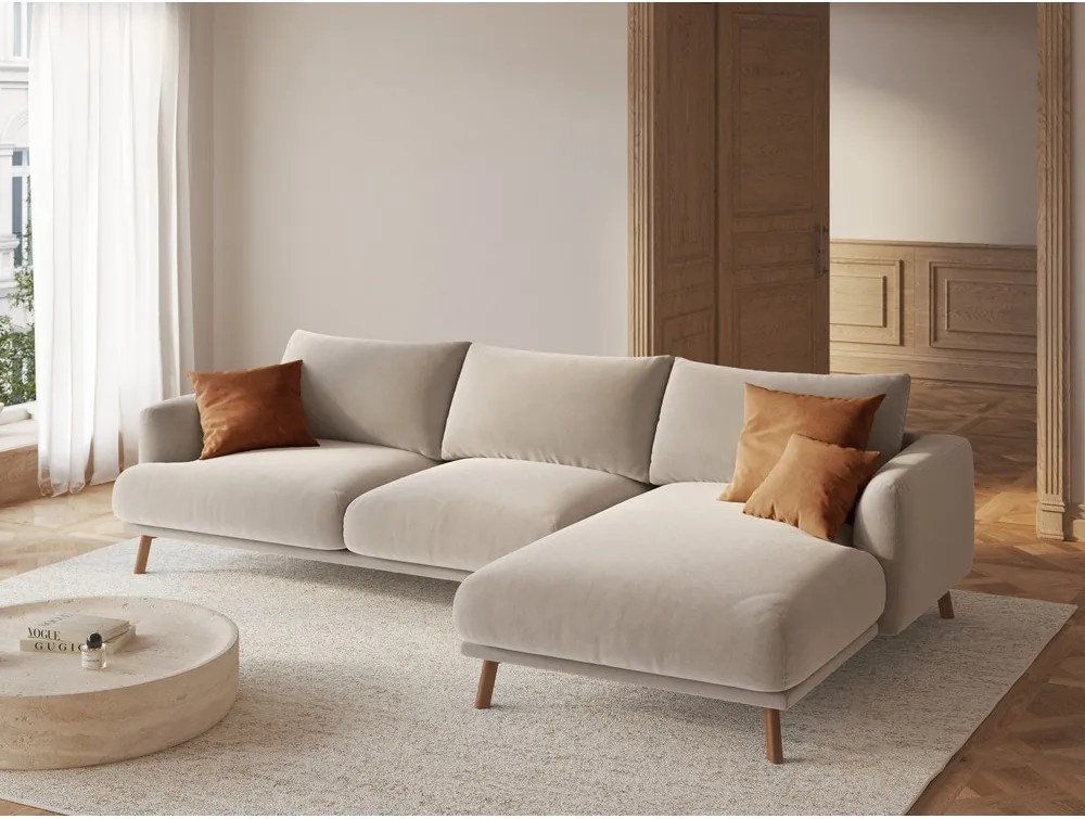 Бежов кадифен ъглов диван (десен ъгъл) Naomi – Micadoni