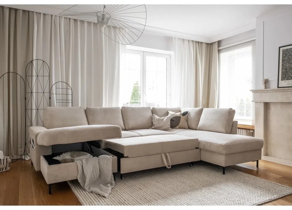 Бежов разтегателен ъглов диван от рипсено кадифе (десен ъгъл) Lofty Lilly – Miuform